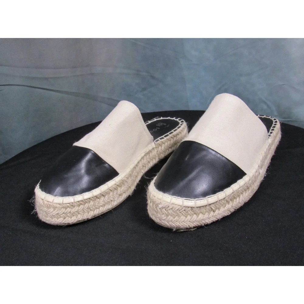 South Beach Womens Espadrille Mule Sandals Cream Black Cap Toe Jute Platform 7